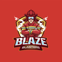 Vector Illustration Fire Fighter Wearing Glasses with BLAZE BLASTERS text Esport Logo