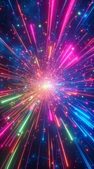 3d vertical, abstract cosmic background with colorful firework, glowing lines, laser rays and falling stars. Big bang concept, Generative AI