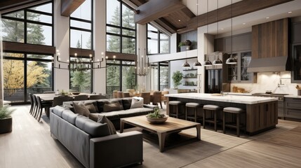 Beautiful living room and kitchen in new large modern luxury home with open concept floor plan. Features wall of windows, vaulted ceiling, waterfall island and pendant lights