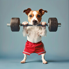 sportive cute dog in red shorts  doing sport exercise with dumbbell on grey background - 741265340