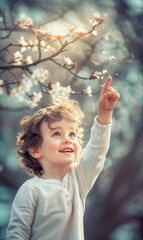 smiling cute boy standing under a spring blooming tree in the park - 741265363