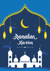 Islamic Ramadan celebration blue template poster design with mosque, and lanterns. Ramadan frame background vector illustration