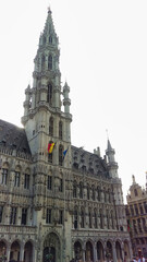 Fototapeta na wymiar The Town Hall of Brussels with its detailed facade and tower adorned with flags.
