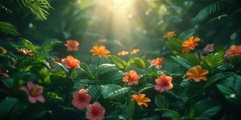 Obraz na płótnie Canvas Sunlight Filters Through the Canopy Illuminating a Lush Garden of Vibrant Wildflowers, Generative AI