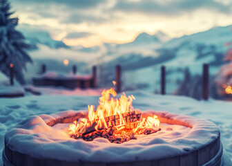 campfire with bright flame. Stunning scenery mountains landscape - 741265948