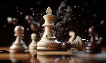 The white wooden king chess piece falls onto the chessboard and smashes the black chess pieces. 3d animation of aggressive attack and successful strategy. Winning the, Generative AI - obrazy, fototapety, plakaty