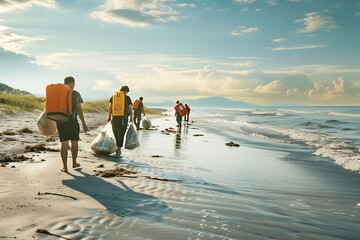 A poster design featuring diverse volunteers cleaning up a beach to promote environmental conservation in summer.