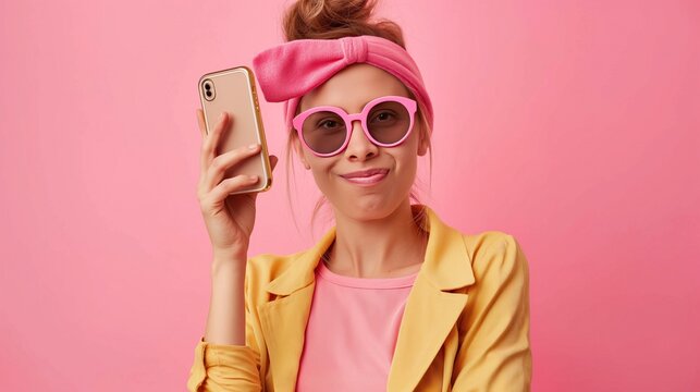 Fashionable young woman in a yellow raincoat and sunglasses and holds a new phone in her hands. Buying a phone, talking on the phone, learning online, connecting with friends at a distance