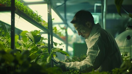 A professional agronomist attentively uses a tablet to assess and record the health of plants in a high-tech indoor agricultural environment.