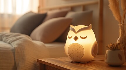 In a stylish modern badroom in pastel tones, there is an owl lamp next to the bed. Restful sleep, time to dream, peace and wisdom