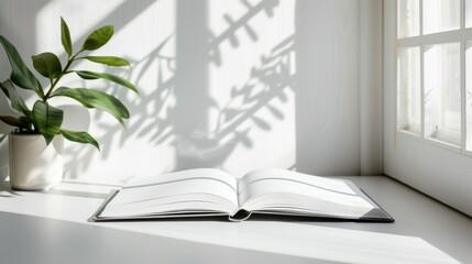 Open book on a white table with sunlight casting plant shadow, serene reading concept