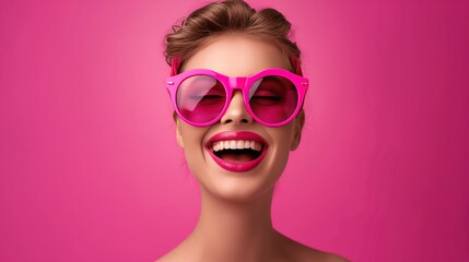 Happy positive woman in pink glasses in pink background rejoices at a holiday, event, sale and discounts in stores, a lucrative offer