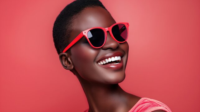 Positive smiling and happy african american woman in red sunglasses on red background. Rejoices at an important event, holiday