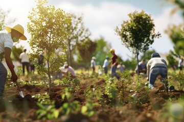 An artistic rendering of a diverse group of volunteers planting trees together in a community garden during summer.