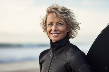 Portrait of happy senior woman in wetsuit with surfboard - Powered by Adobe