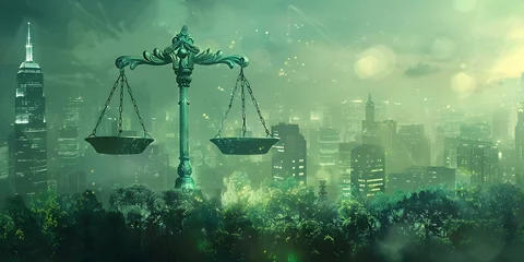  Global trade dynamics depicted as scales of justice in digital landscape concept. Concept Global Trade Dynamics, Scales of Justice, Digital Landscape Concept © Anastasiia