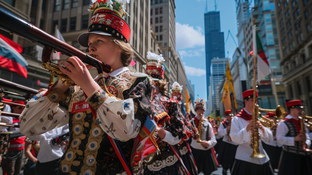 A large parade in Chicago celebrates Casimir Pulaski Day, with a marching orchestra playing patriotic songs and parade participants wearing traditional Polish clothing. Ai generated Images