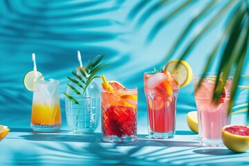 Summer bright alcoholic and non-alcoholic fruit cocktails on a blue background with shadow from palm leaves, sunlight. Summer background, holiday concept, delicious drinks