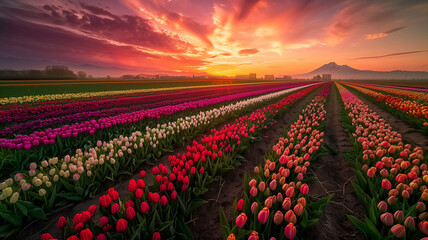 a colorful field of fresh tulips in sunset