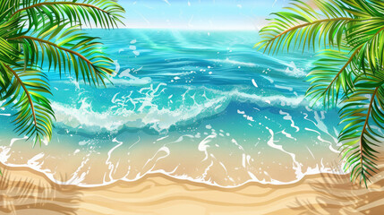 Fototapeta na wymiar Summer tropical background, illustration. Tropical leaves, blue sea, sandy beach. Beautiful sea background, concept of vacation, travel