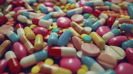 Colorful pills and capsules background. Healthcare and medical concept. Selective focus.
