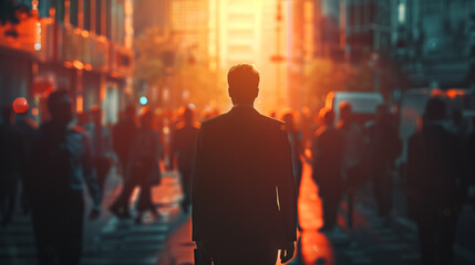 a businessman walking in a street crowded with business people - obrazy, fototapety, plakaty
