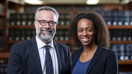 Photo of two multiracial lawyer partners meeting in lawyer office dressed formal wear suits.

