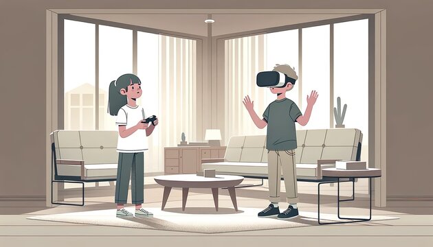Cartoon of Two Children Playing with Virtual Reality in a Bright, Modern Living Room