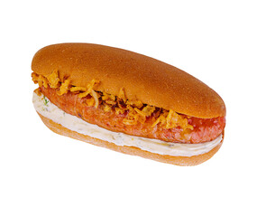 Hot Dog with Sausage, Mayonnaise, and Fried Onions