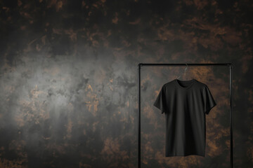 Mock-up t-shirt noir en coton à manches courtes sur un cintre suspendu à un portant noir sur un fond texturé marron et noir avec espace négatif pour texte copyspace - obrazy, fototapety, plakaty