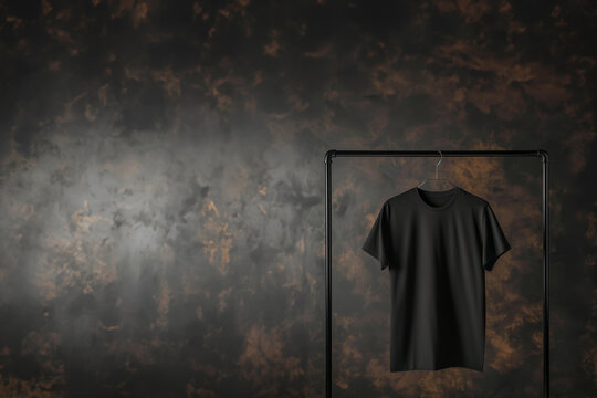 Mock-up t-shirt noir en coton &agrave; manches courtes sur un cintre suspendu &agrave; un portant noir sur un fond textur&eacute; marron et noir avec espace n&eacute;gatif pour texte copyspace