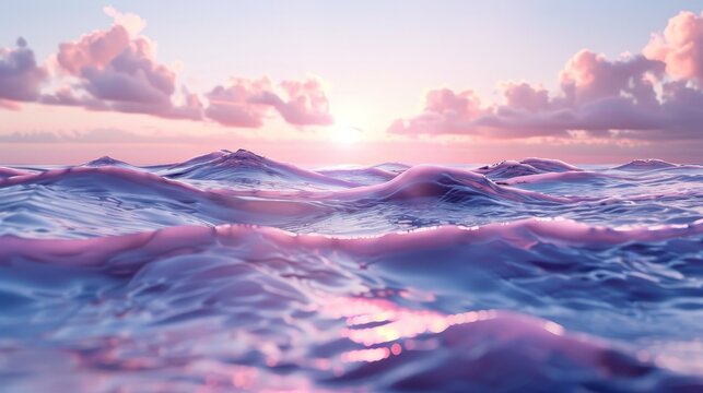 A 3D rendered backdrop featuring an abstract pattern of modernist waves pulsating across a futuristic digital ocean, with a holographic horizon.