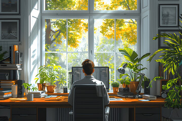 Rear view of a journalist stylish guy writing a story in a workplace in loft styled coworking, well dressed, sitting near window with view of garden