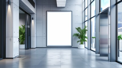 Modern office lobby with blank advertising stand. The space features a sleek design with a large, empty poster frame ready for customization, flanked by tall windows and indoor plants. - obrazy, fototapety, plakaty