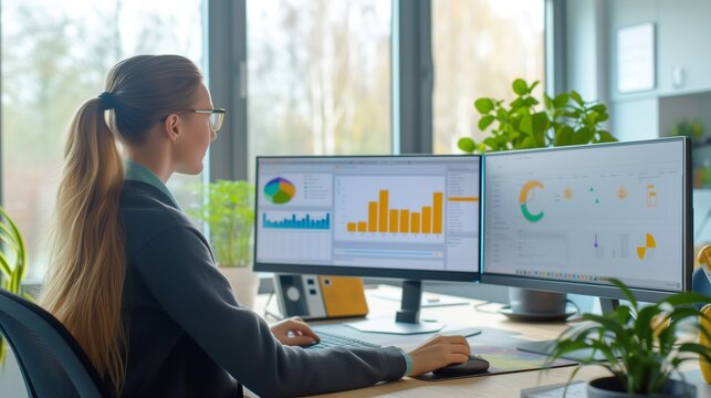 Professional woman working on a dual monitor setup with data analysis graphs and charts. Concept of modern workplace, analytics, and business intelligence in a bright office environment.