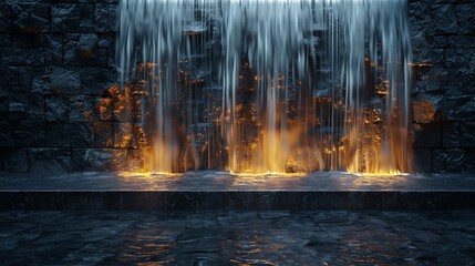 A modern 3D rendered wall of cascading water with embedded neon lights, against a backdrop of dark stone