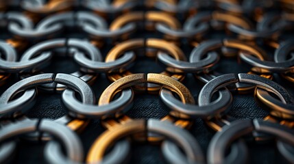 An abstract 3D pattern of interconnected silver and gold rings, creating a mesh of luxury on a backdrop of dark velvet.