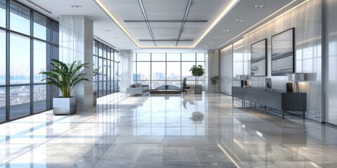 Minimalistic and elegant office lobby with reflective marble walls, modern furniture, and abundant natural light. - obrazy, fototapety, plakaty