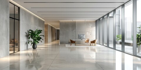 Minimalistic and elegant office lobby with reflective marble walls, modern furniture, and abundant natural light.