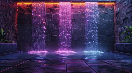 A modern 3D rendered wall of cascading water with embedded neon lights, against a backdrop of dark stone