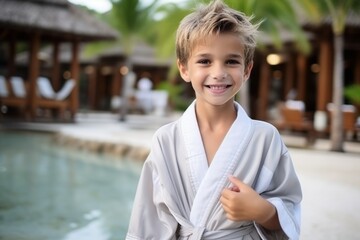 Portrait of a cute little boy wearing bathrobe at tropical resort