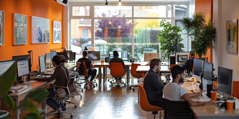 A vibrant open-plan office space with colorful chairs, workstations, and natural light flooding through large windows.