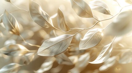 An abstract 3D composition of suspended metallic leaves in a kinetic wind pattern against a soft background