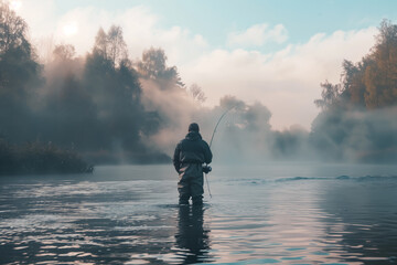 Misty morning fly fishing: Solitary fisherman in serene river landscape - obrazy, fototapety, plakaty