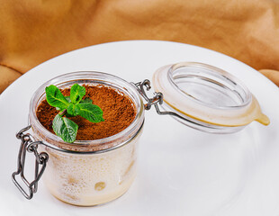 tiramisu in a glass jar top view
