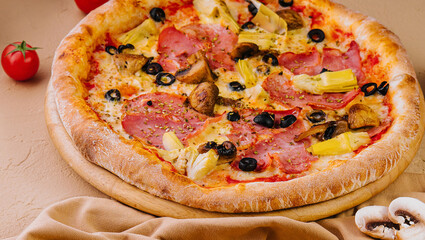 artichoke pizza with ham top view