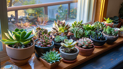 Vibrant Succulent Collection in Terra Cotta Pots, Close-up Photography of Diverse Echeveria and Sedum Plants, Home Gardening and Urban Botanical Decor