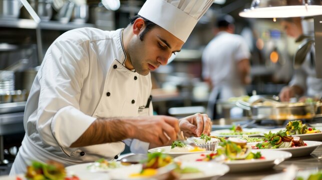 Chef garnishing dish in professional kitchen