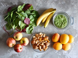 A blender filled with fresh spinach for a green smoothie accompanied by bananas, oranges, mango, ginger, chia seeds, and walnuts on a marble surface.