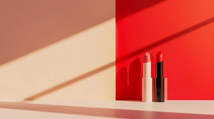 Blurred layout of lipsticks and foundations for makeup brand hero image, copy space 